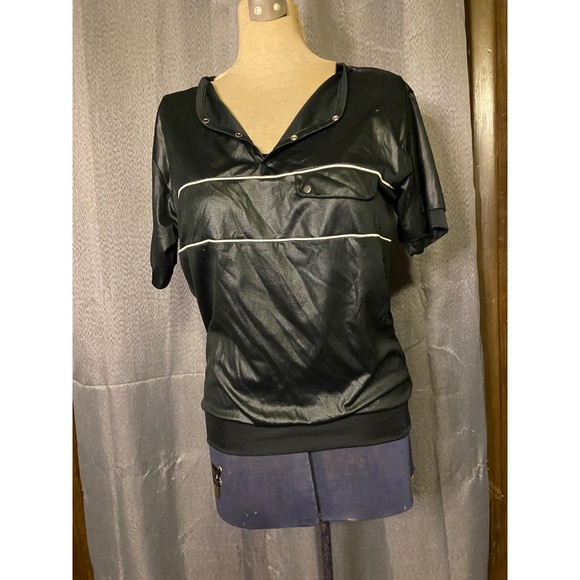 WAYNE SCOTT Mens Shirt Size Small Vintage 80s Black White Stripes V-Neck Snaps R - Picture 1 of 6